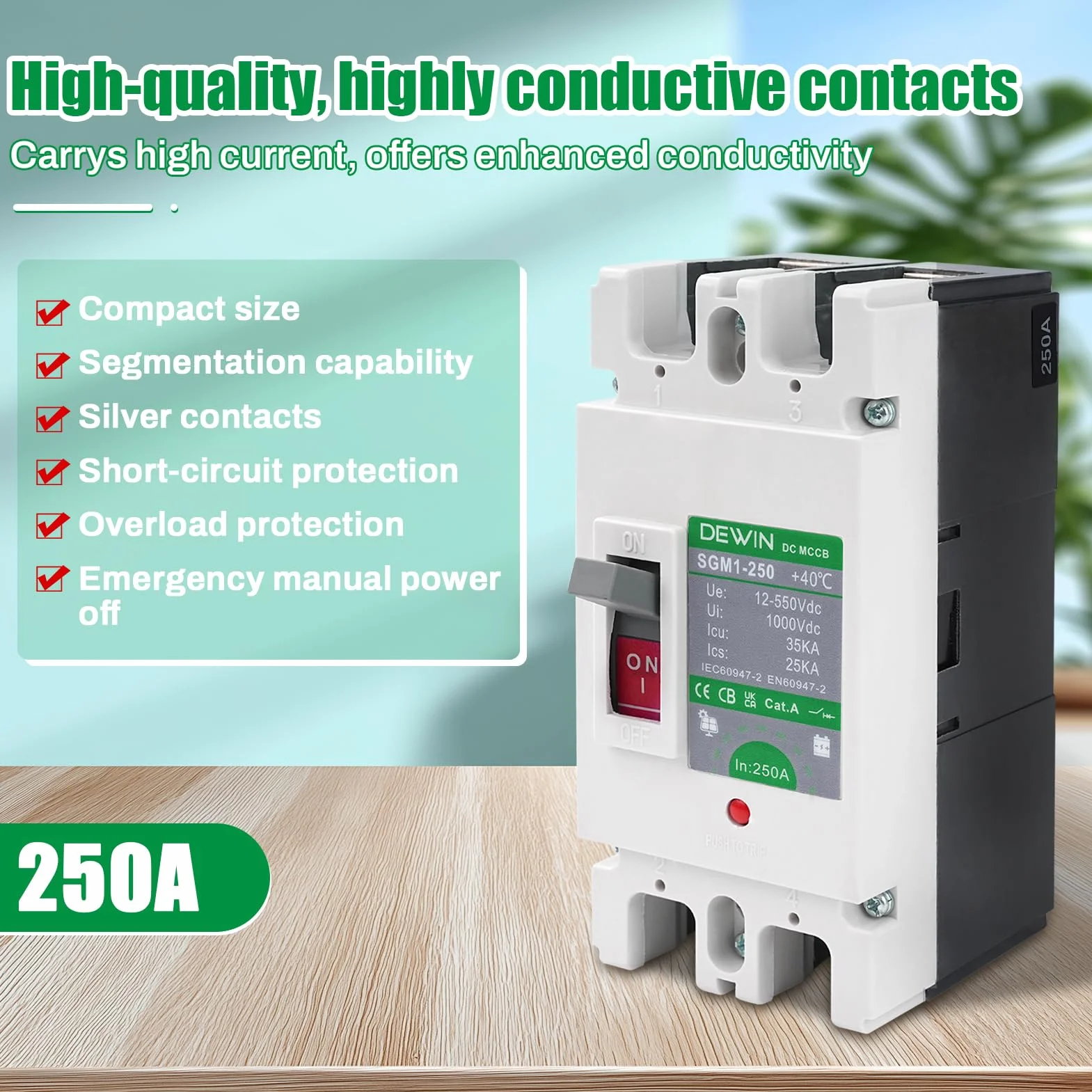 DEWIN Disyuntor de CC de 250 A, MCCB Disyuntor de Batería Solar, Interruptor Principal de Batería Solar 2P DC 500 V Interruptor de Desconexión de Batería para sistemas de líneas eléctricas de CC