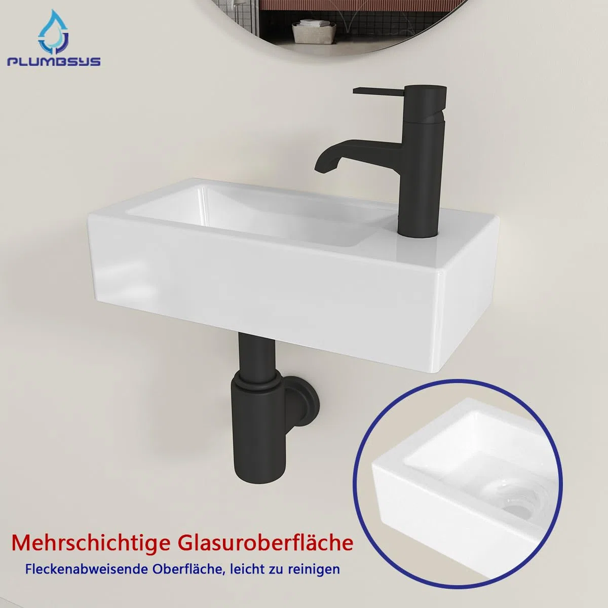 Lavabo Pequeño de Cerámica para Sobrepone o Suspender 36.5x18cm - Plato con Orificio para Grifo a la Derecha - Lavamanos Compacto para Baño, Aseo o Barco