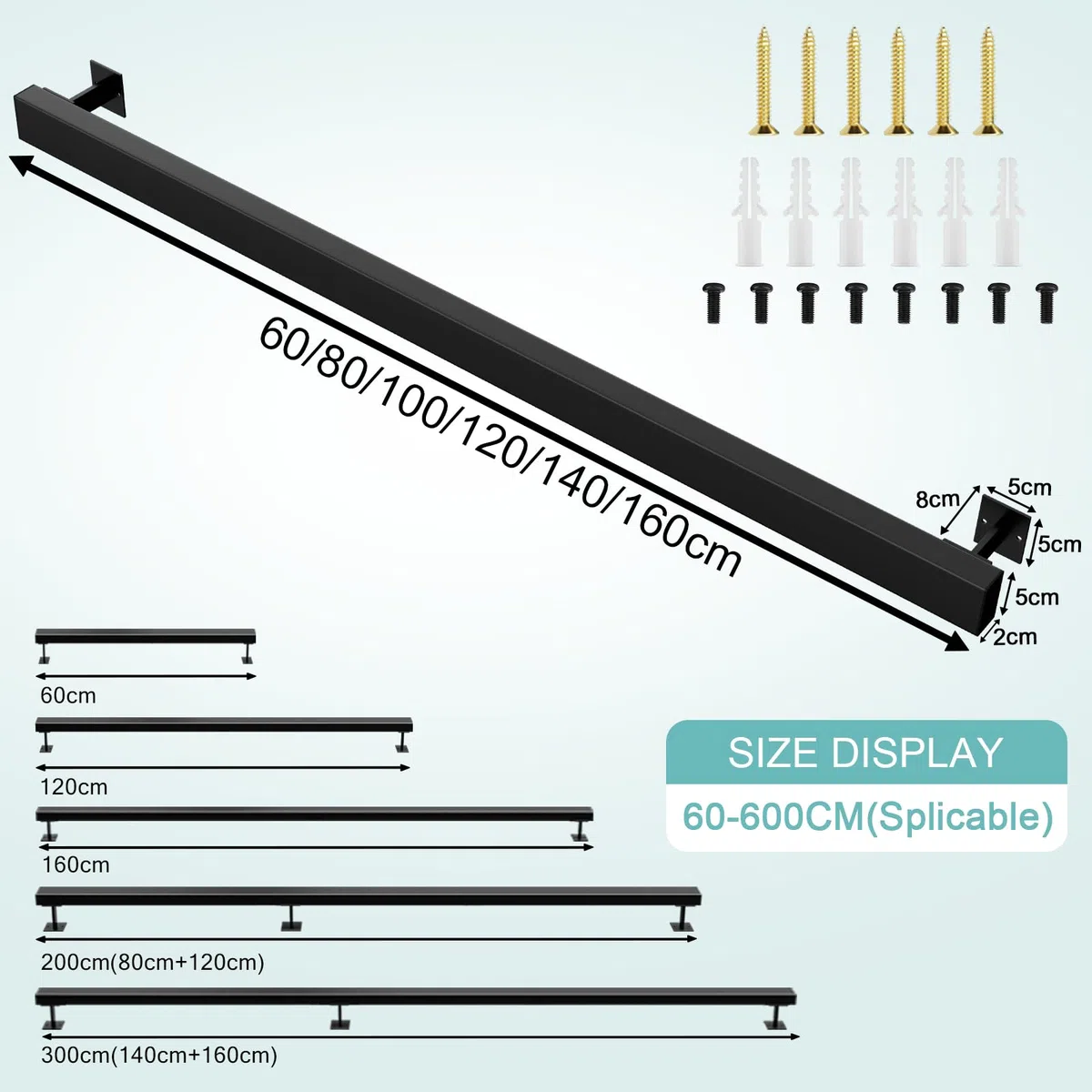 Pasamanos Escalera con Accesorios, 60-600CM, Pasamanos para Las Escaleras de Hierro Forjado, Negro, Barandilla Escalera para Interiores y Exteriores pared Loft Ancianos (150CM)