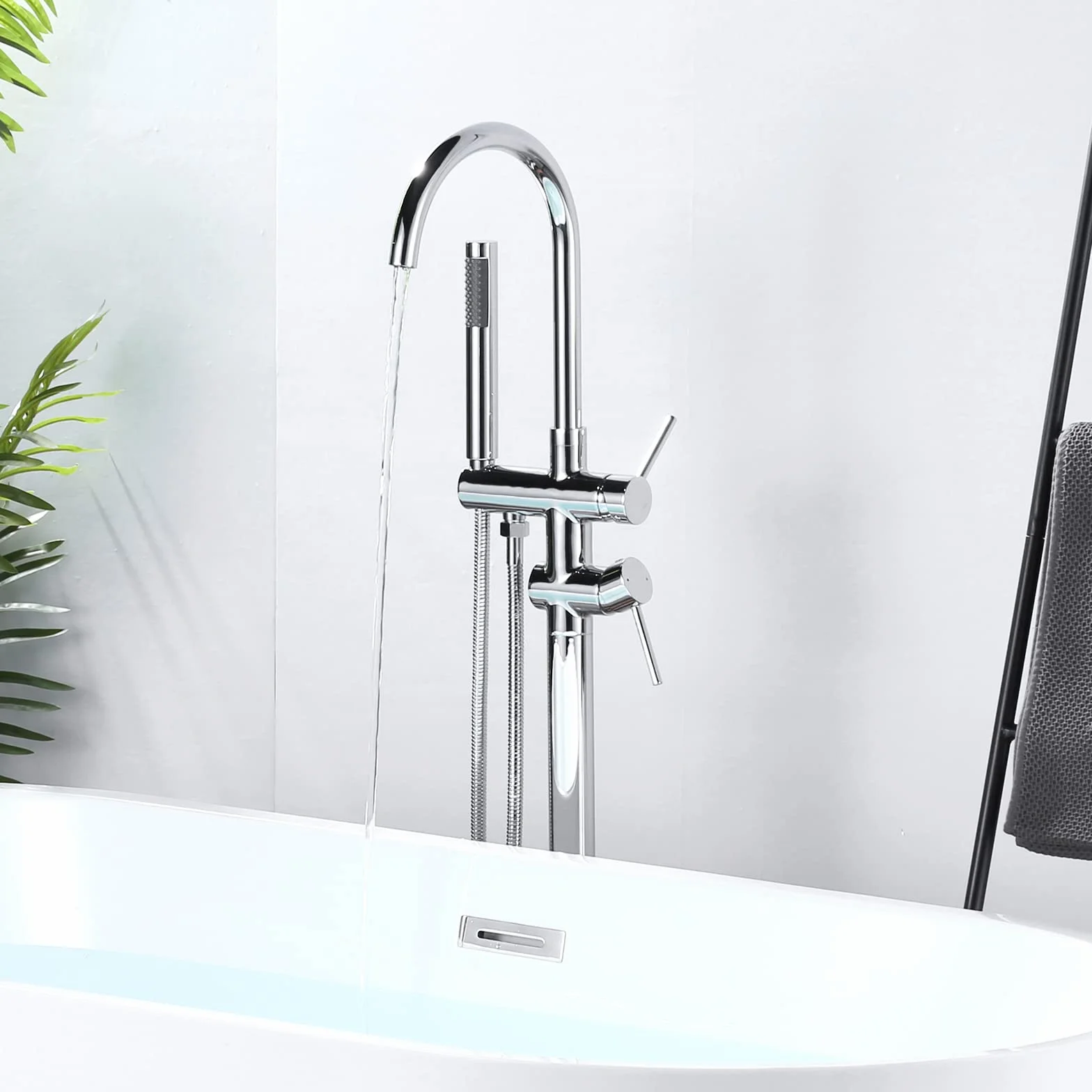 ARCORA Grifo Bañera Suelo con Ducha Giratorio 360° Cobre Acero Inoxidable Cartucho Cerámico Cromo