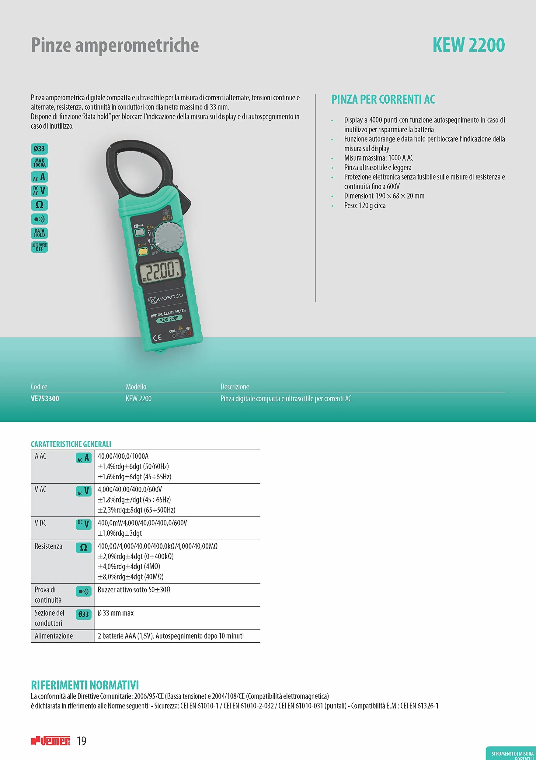 Kyoritsu Kew 2200 Pinza amperimétrica digital compacta ultrafina para la tamaño de corriente AC, tensioni AC/DC, resistencia, continuidad, Gris