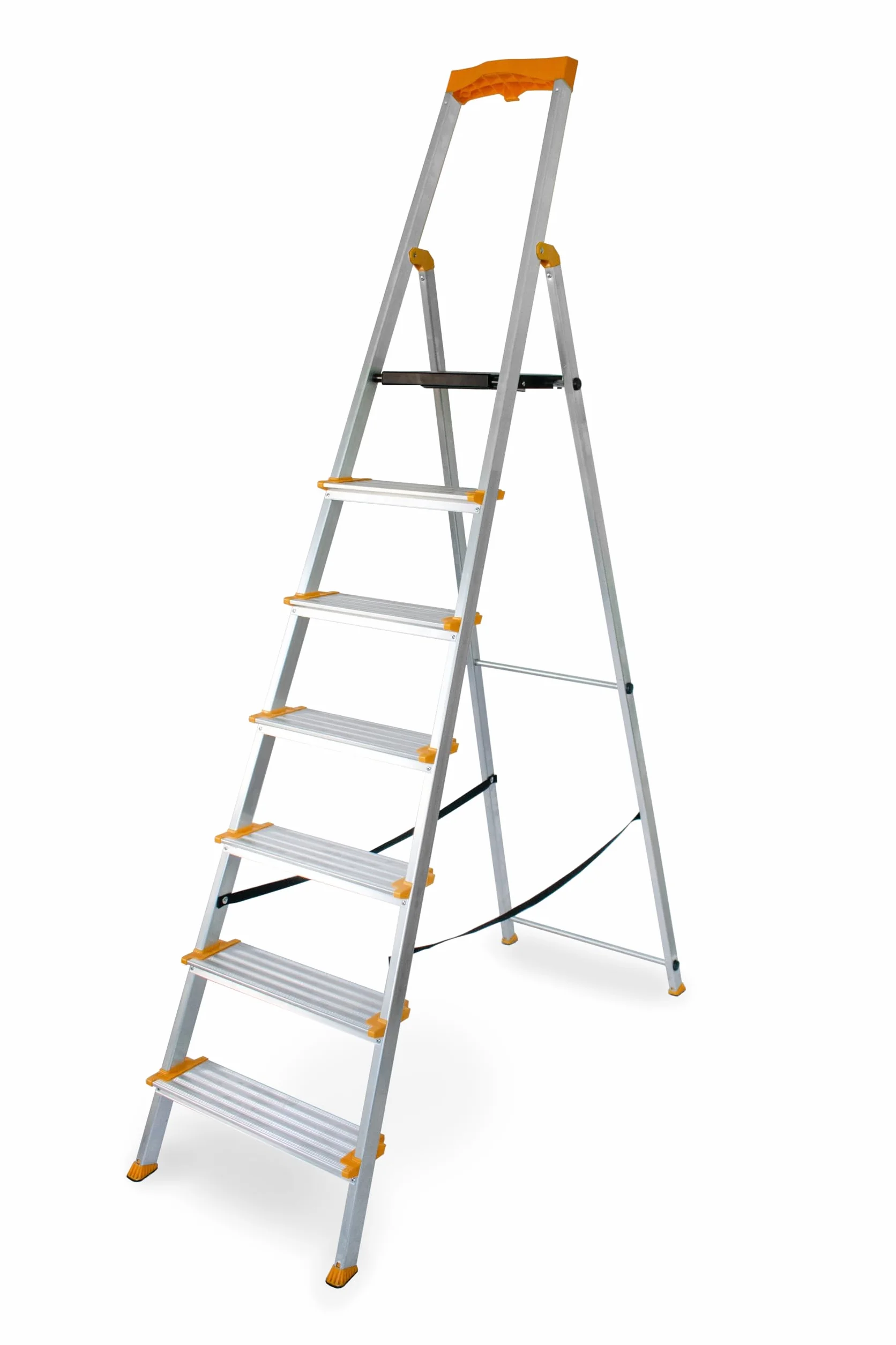 DRABEST Escalera de Tijera Plegable de 7 peldaños - Escalera de Aluminio - Robusta Escalera Plegable con Estante y peldaños Anchos - 120 mm - Escalera para el hogar y el Trabajo - hasta 150kg