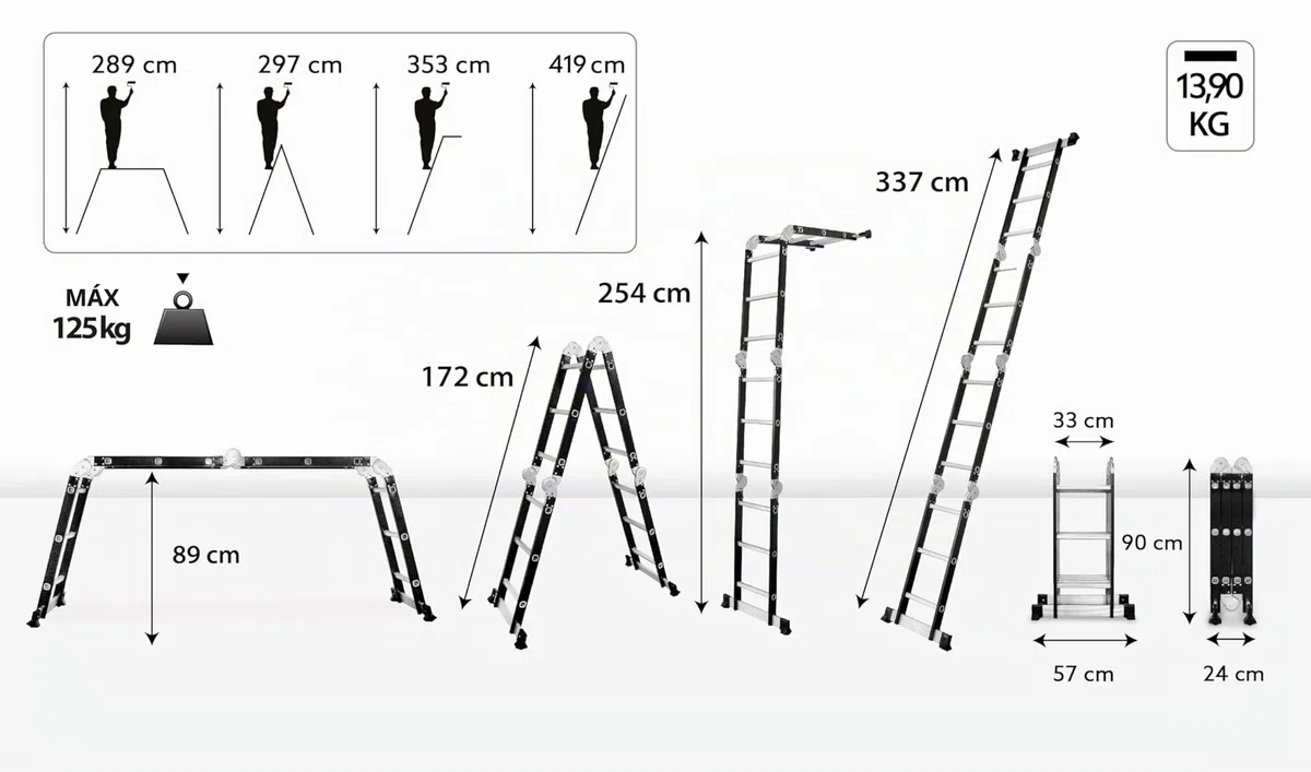 DRABEST Escalera Multiusos articulada Plegable 4 x 3 Niveles - Aluminio y Acero - Carga máxima 125 kg - 0,32 x 0,89 x 0,25 m