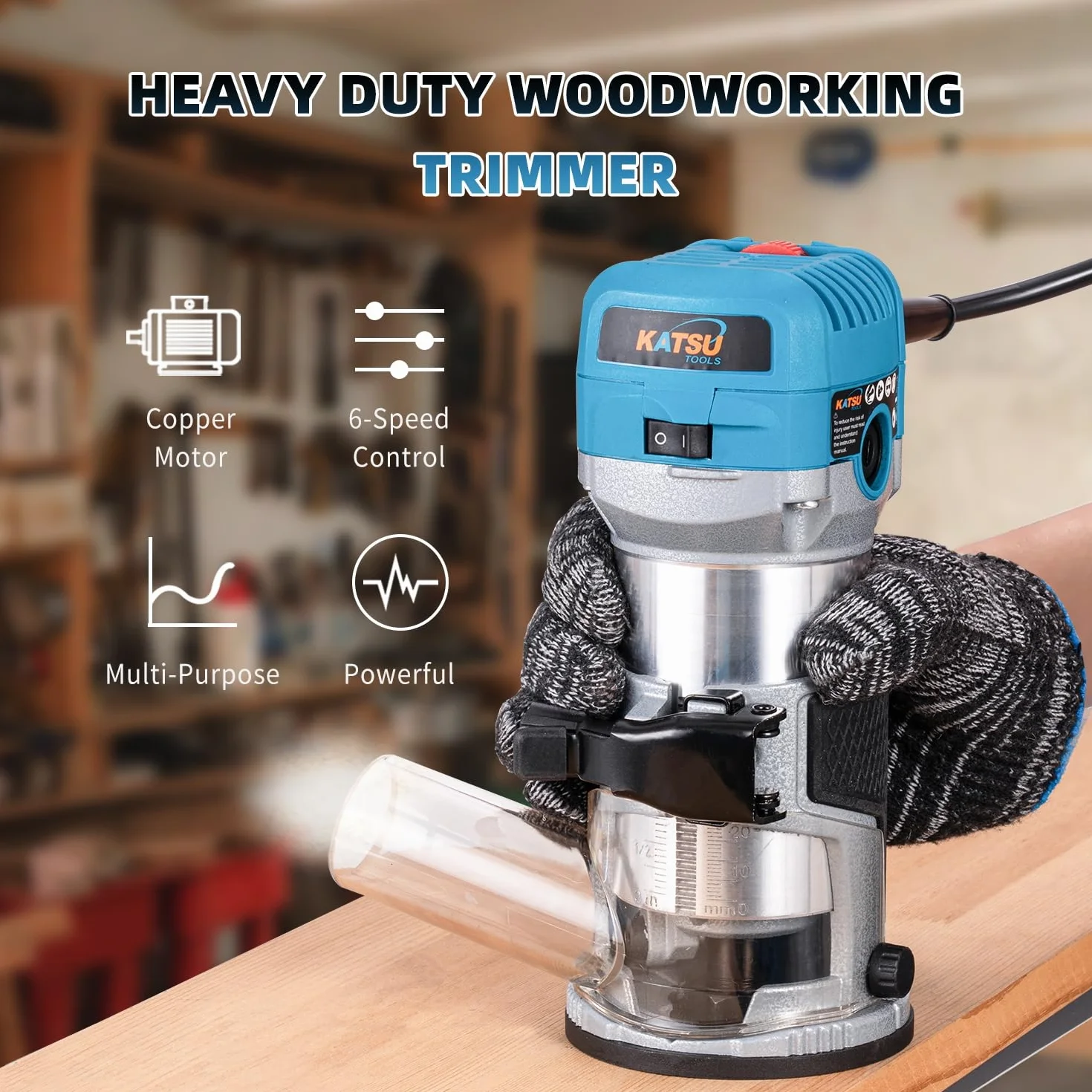KATSU Tools Fresadora/trimmer eléctrica 710 W madera – arranque suave, base de inmersión, cuerpo aluminio, 3 portabrocas (1/4", 6 mm, 8 mm) bricolaje