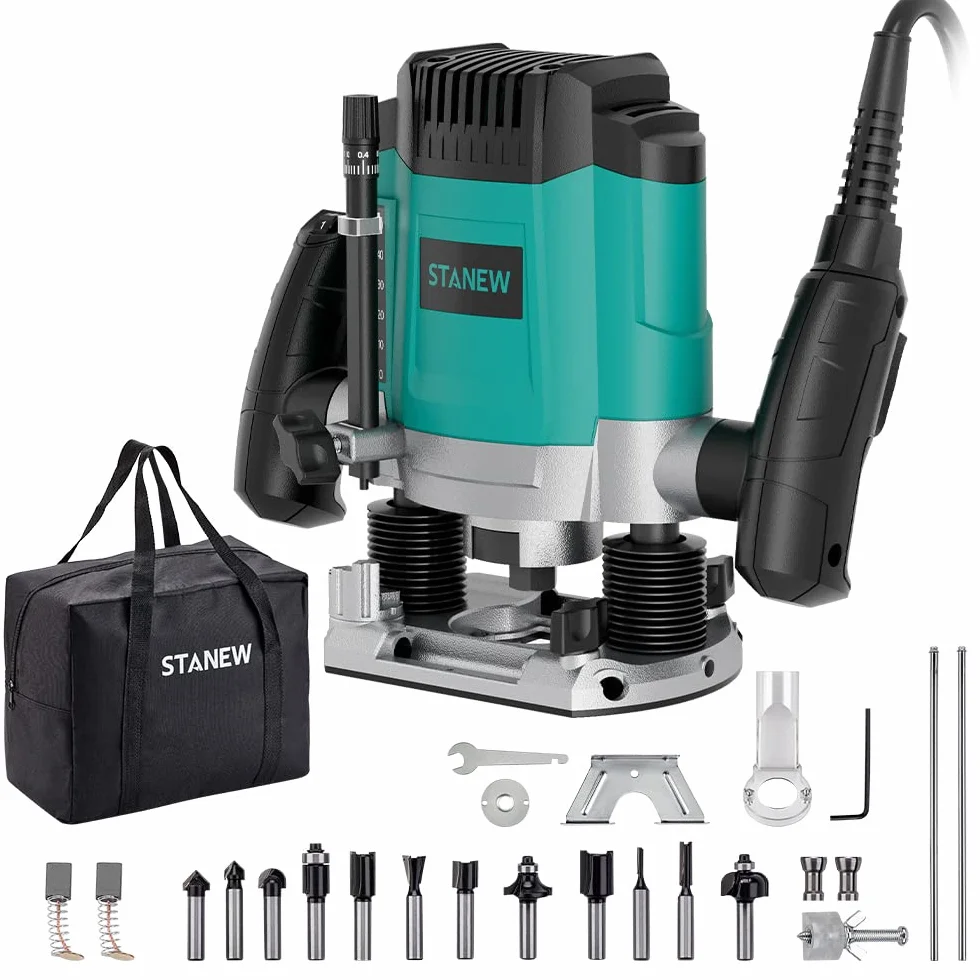 Stanew Fresadora ELECTRICA Para Madera1200 W 16000-30000 RPM,Profession Rebajadora Eléctrica con Juego de 12 fresas,6 Velocidades,Ajuste de la Profundidad de Fresado.