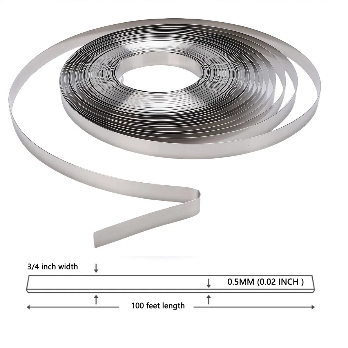 Correa de Banda con fleace de Acero Inoxidable 304 de Servicio Pesado, 100ft 3/4 de Ancho 0.02 en Espesor Correa de tubería de Metal, Kit de Tiras de Bandas para Transporte de