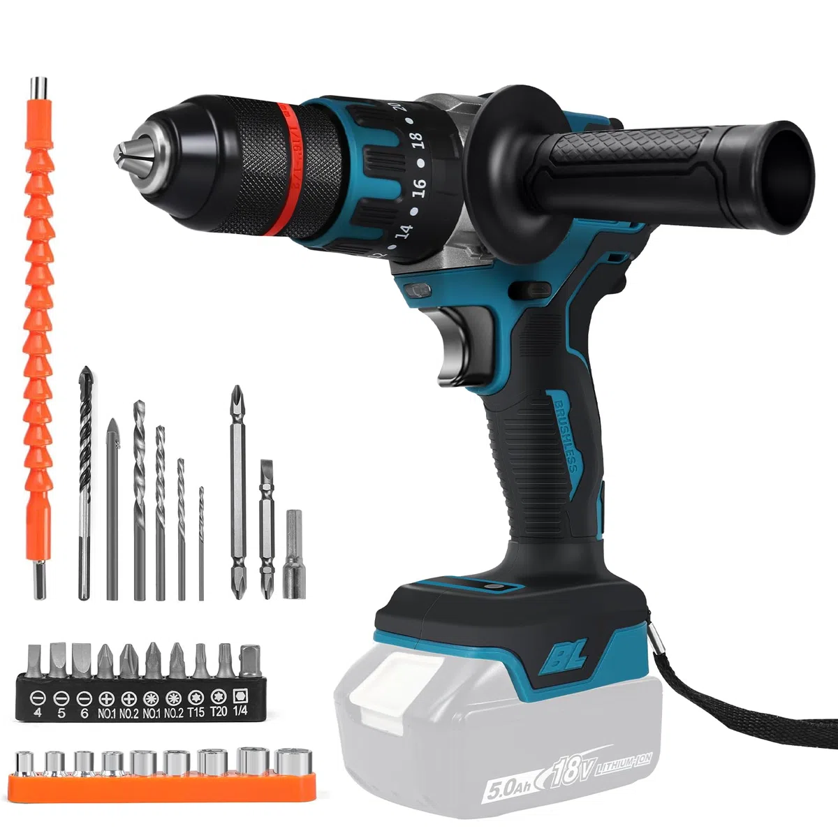 Taladro inalámbrico Compatible con Makita 18 V batería (sin batería), taladro de impacto sin escobillas 1350 RPM, 20+3, 120 N.m, 13 mm, destornillador