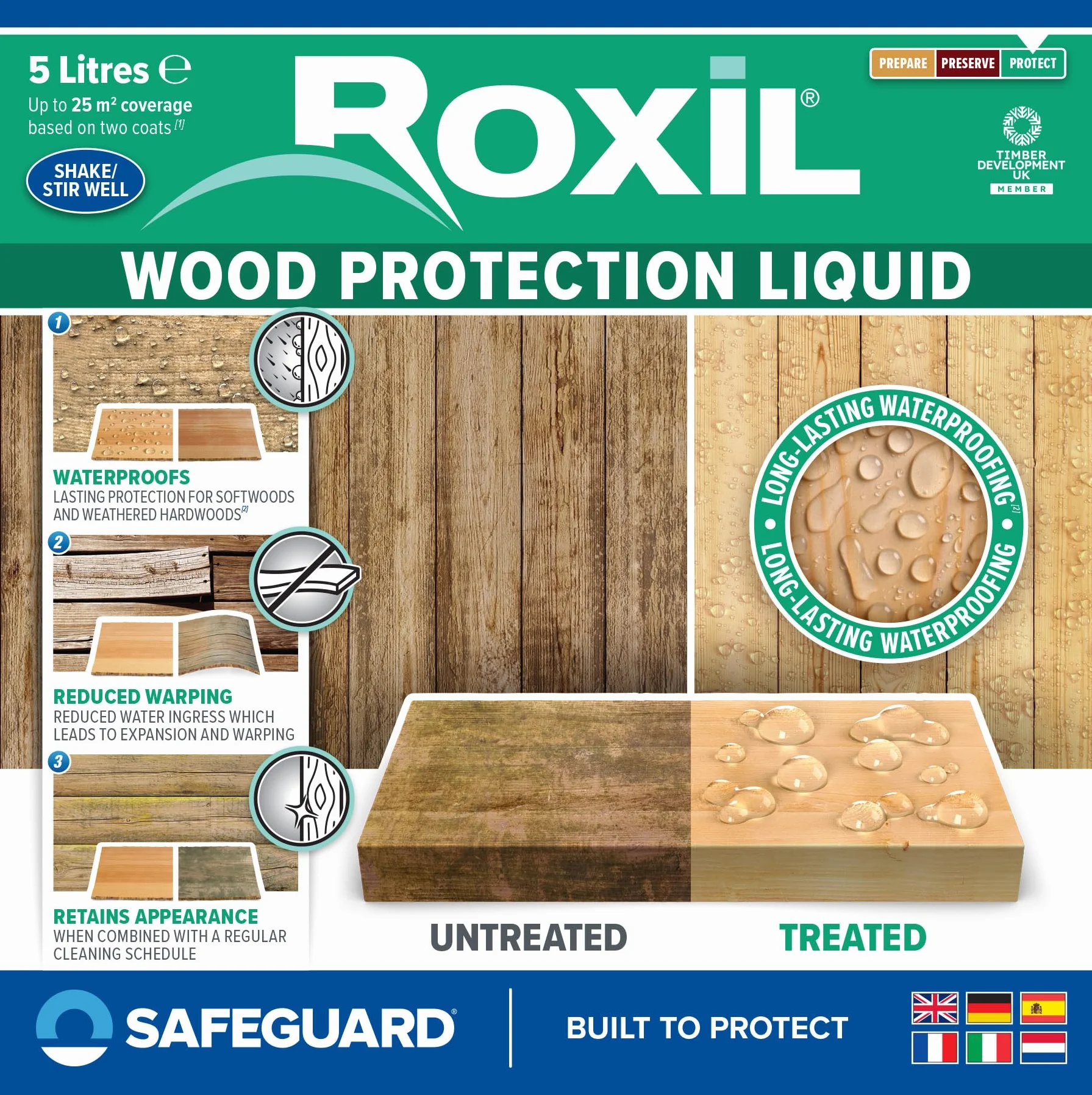 Roxil Tratamiento de Fondo Impermeabilizante Transparente para Madera Exterior - 5L x 2 - Proporciona Hasta 10 Años de Protección e Impermeabilización Incolora