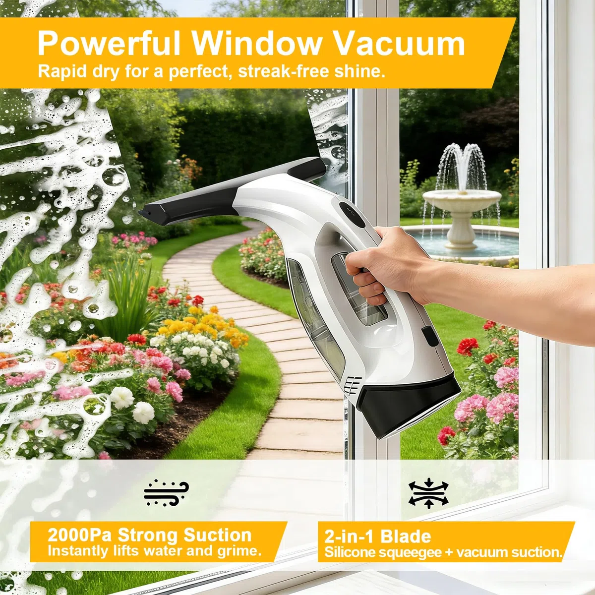 Limpiacristales Eléctrico Sin Cable, Limpiador de Cristales Eléctrico Portátil con Botella de Spray y Paño de Microfibra para Ventanas, Espejos, Azulejos – Succión Potente 2000Pa