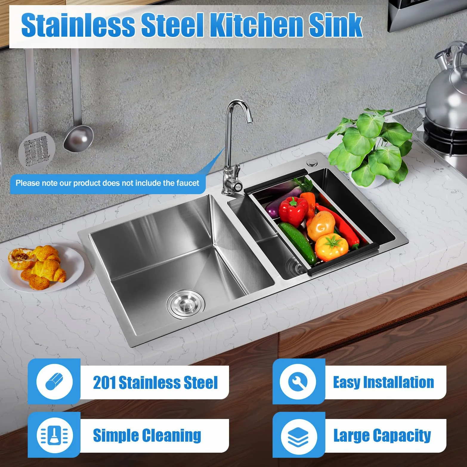 Fregadero de cocina doble de acero inoxidable cepillado con escurridor, fregadero doble, 78 x 43 x 21 cm
