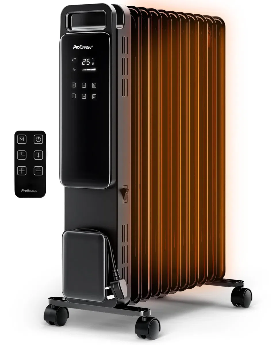 Pro Breeze OmniWarm Radiador de Aceite 2500W, 11 Aletas, Portátil, Pantalla Digital Táctil, Modo Eco, 3 Modos de Calor Ajustable, Apagado de Seguridad y Temporizador 24H