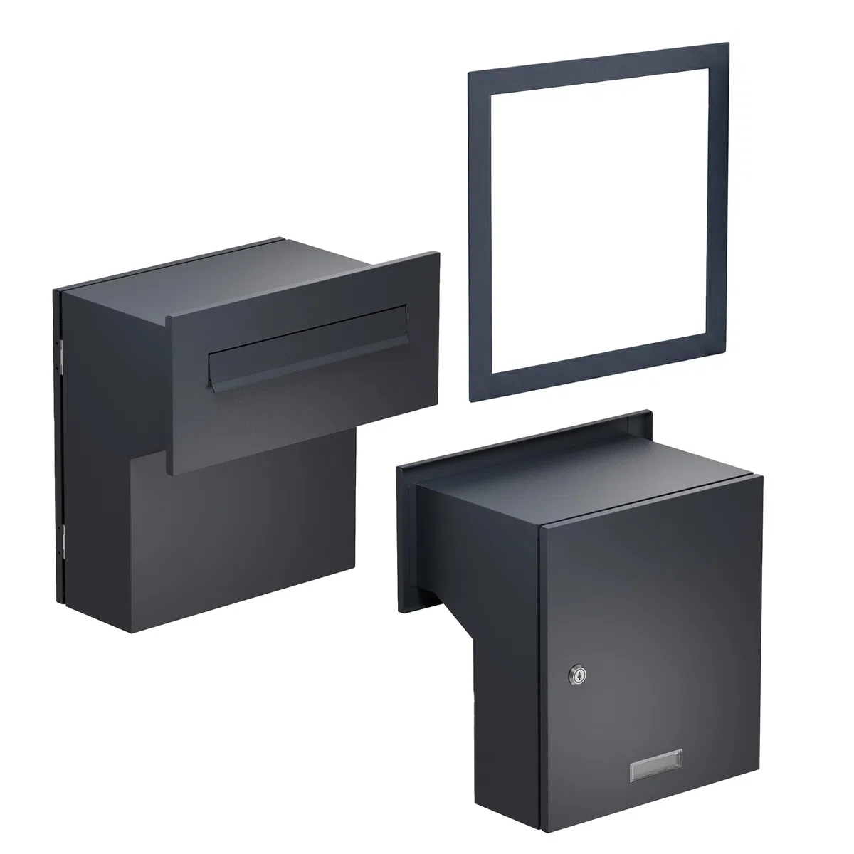 Sillar Buzón Empotrado en Pared Antracita con Placa para el Nombre | Caixa de Correo Exterior de Acero Galvanizado con Marco de Cobertura | Tapa Doble | 33 x 35 x 19-26 cm | Cerradura y 4 Llaves