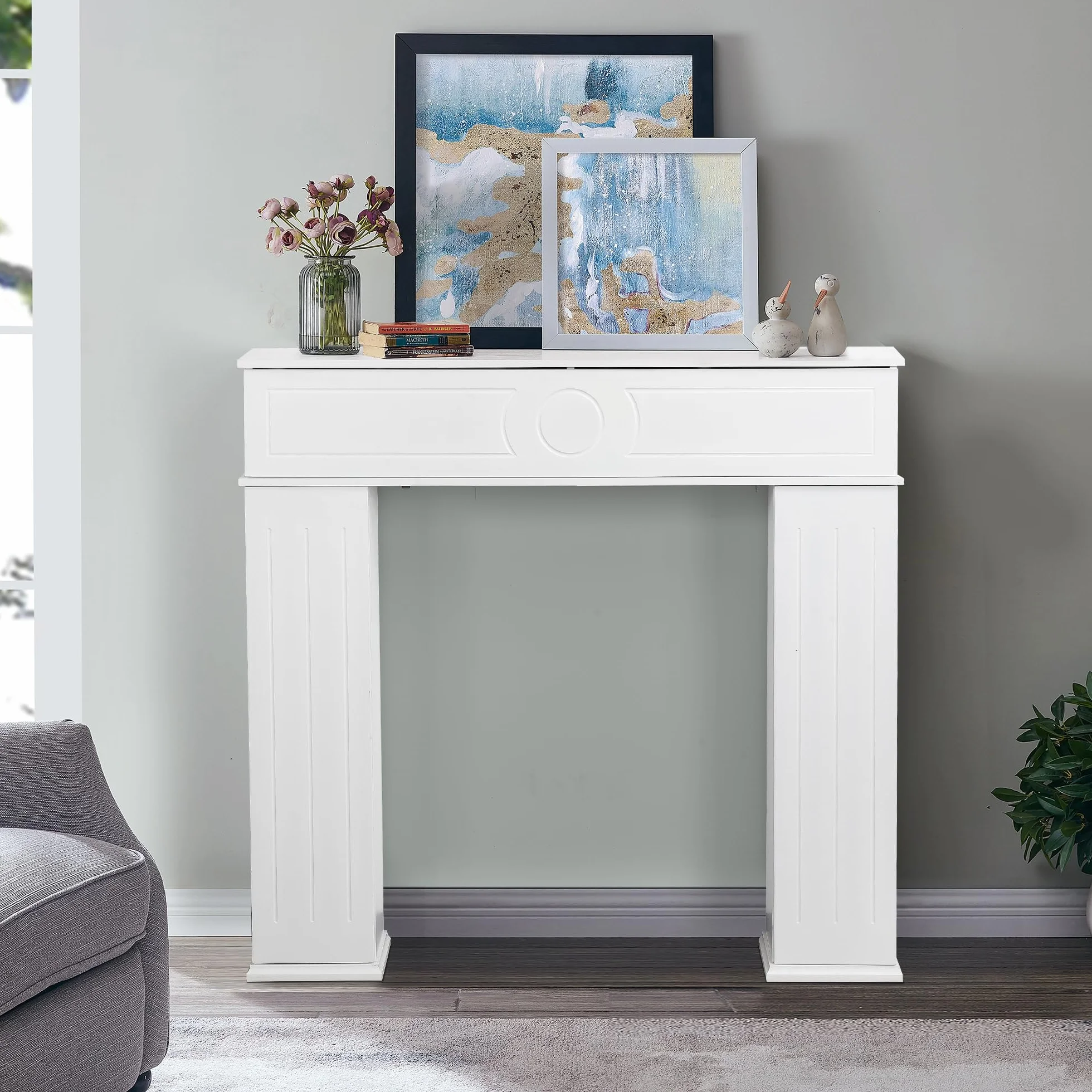 Panel de chimenea de tres puertas lacado, 107 x 100 cm, panel secreto con espacio de almacenamiento, marco decorativo de madera para la chimenea
