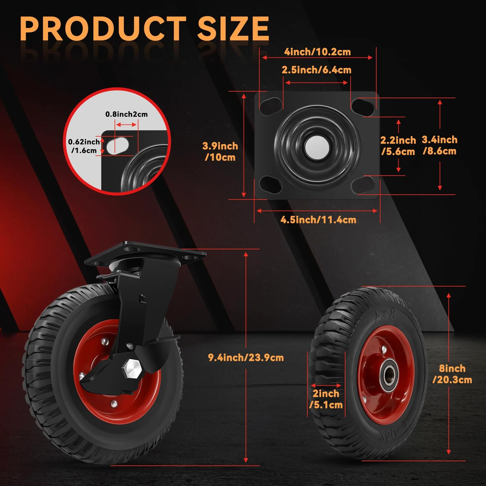 W B D WEIBIDA Ruedas Industriales de Goma para Carros Pesados, 200mm Ruedas Giratorias para Muebles, Electrodomésticos, Estanterías, Amortiguación y Anti-Descalzamiento, Capacidad de Carga 1000kg