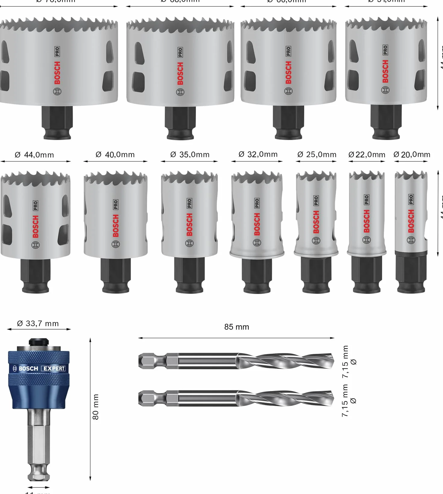Bosch Juego de 14 sierras perforadoras Pro Multi Material Power Change Plus, estuche transparente para madera blanda, paneles de yeso, diámetro de 20 a 76mm, accesorio profesional, Versión actual