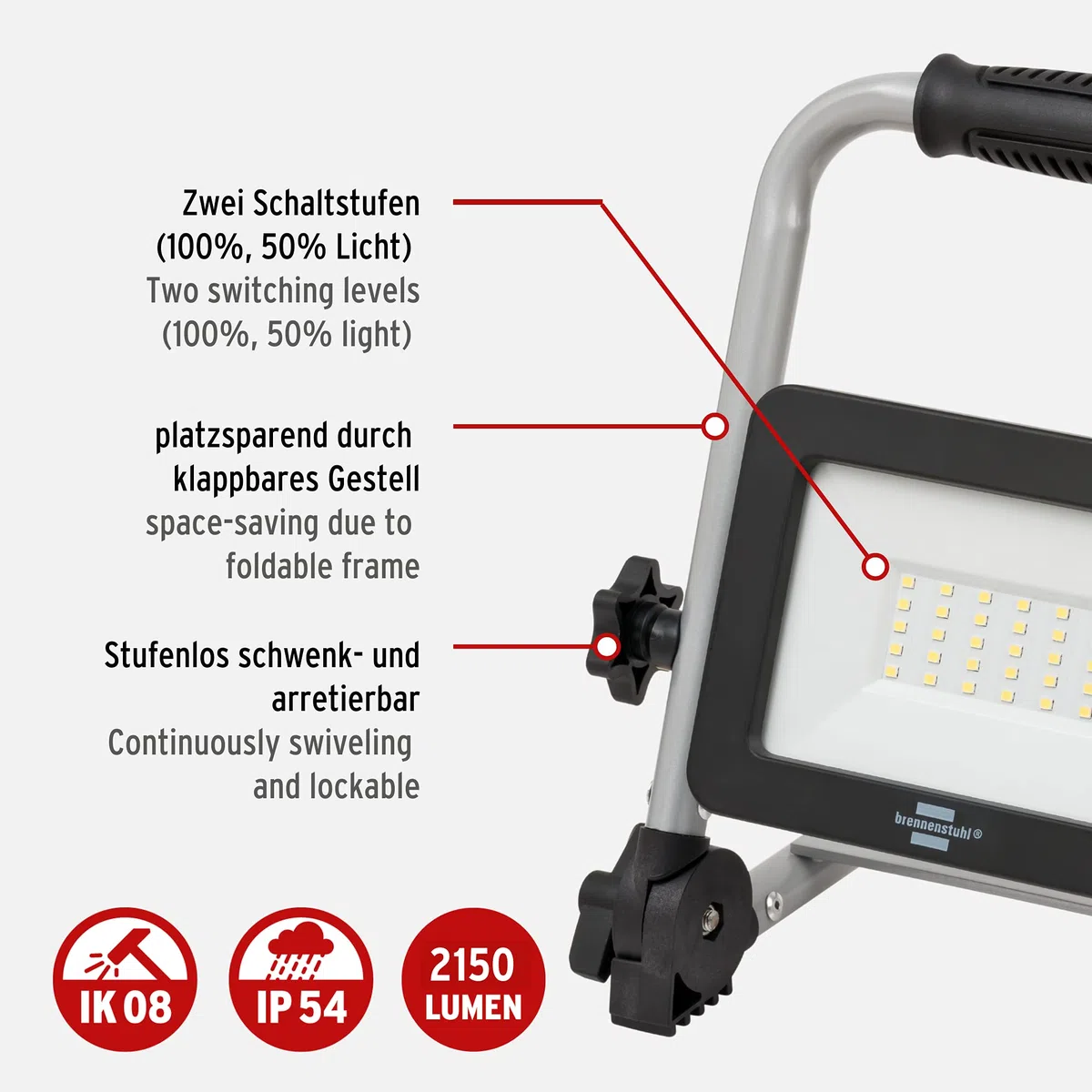 Brennenstuhl foco LED portátil de batería recargable EL 2000 MA 20W para uso en interiores y exteriores IP54 (2150lm, batería de iones de litio integrada, función powerbank, iluminación hasta 6h)