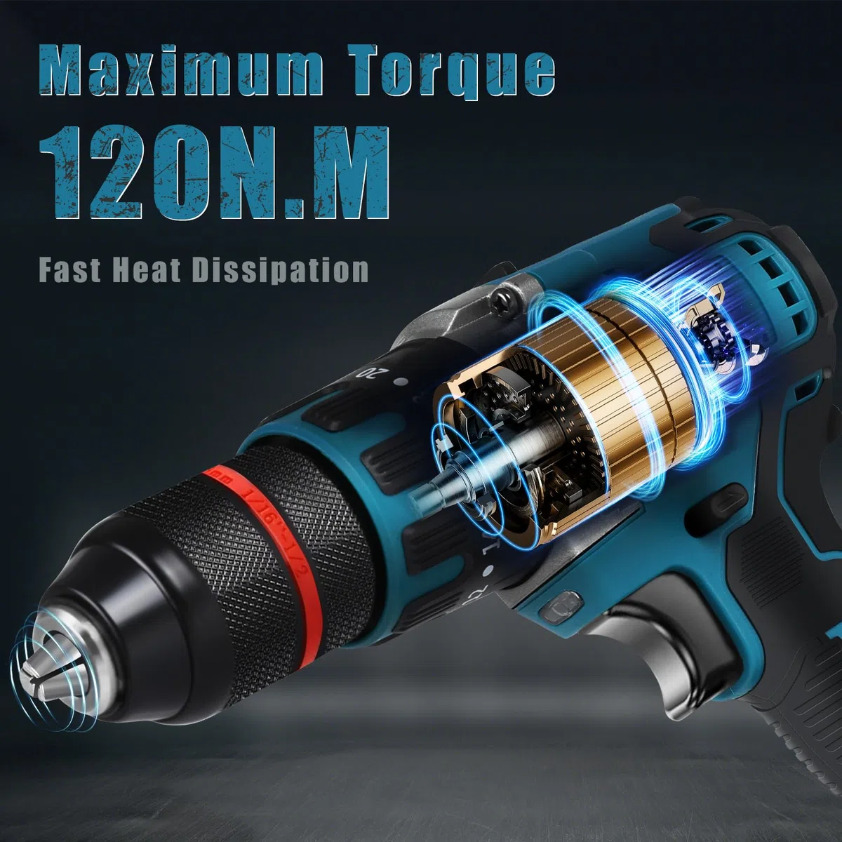 Taladro inalámbrico Compatible con Makita 18 V batería (sin batería), taladro de impacto sin escobillas 1350 RPM, 20+3, 120 N.m, 13 mm, destornillador