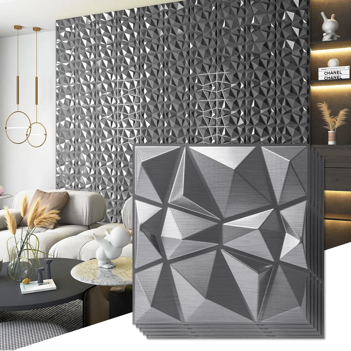 Art3d Paneles de diseño de diamante 3D para decoración de interiores, sala de estar, fondo de pared de TV, dormitorio, configuración de juegos, 30 x 30 cm, plateado, paquete de 33