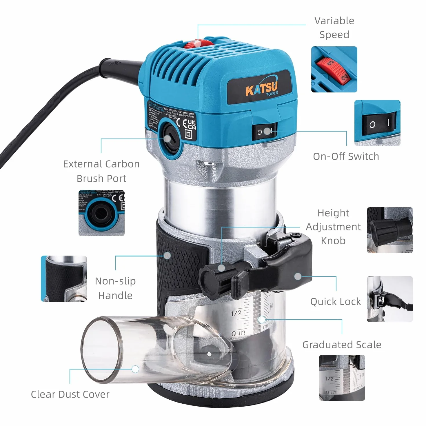 KATSU Tools Fresadora/trimmer eléctrica 710 W madera – arranque suave, base de inmersión, cuerpo aluminio, 3 portabrocas (1/4", 6 mm, 8 mm) bricolaje