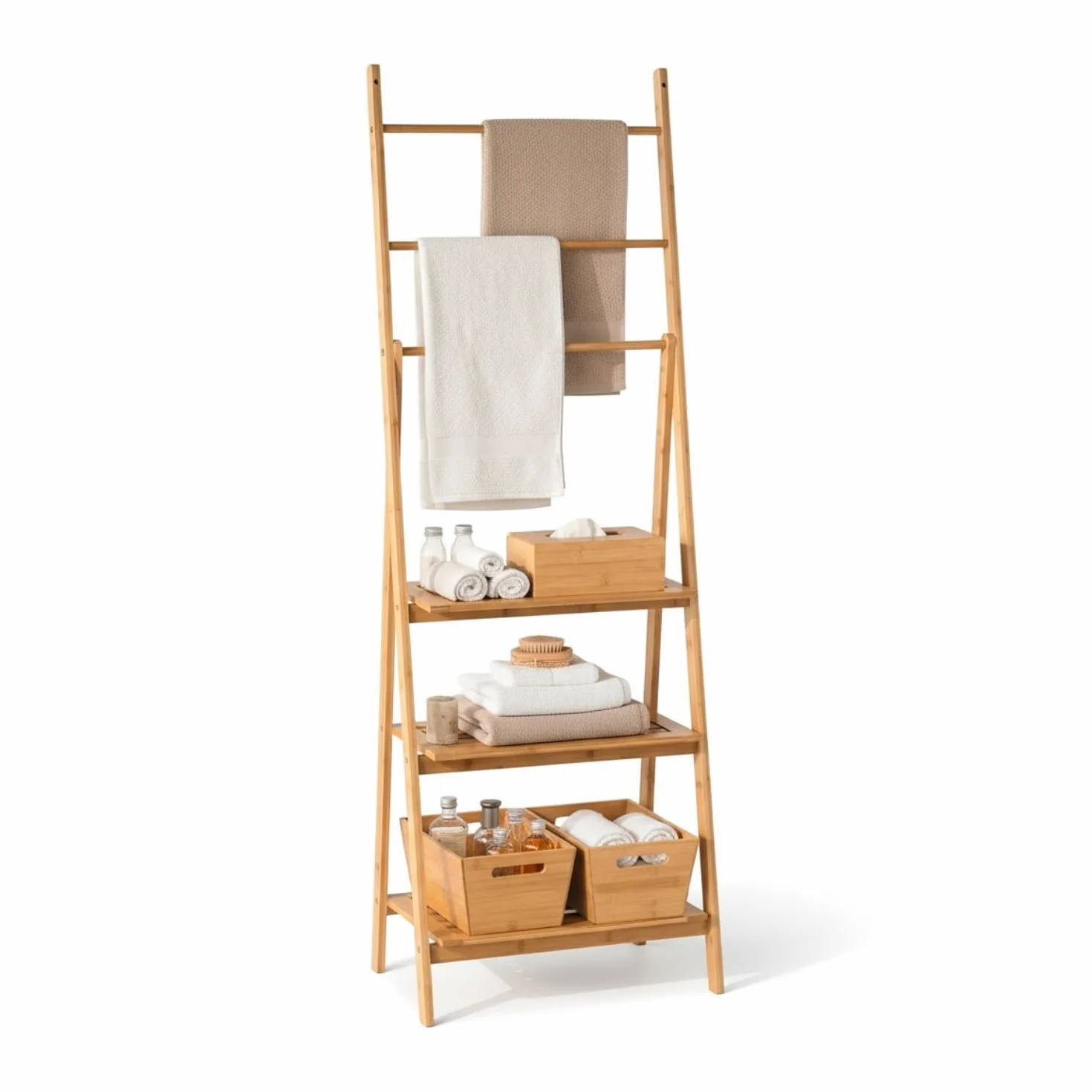 THINIA HOME - Toallero de Pie de Bambú Natural con 3 Estantes y 3 Barras, Mueble Auxiliar para Baño, Dormitorio o Lavandería, Estilo Nórdico, 53.2x32.4x152 cm