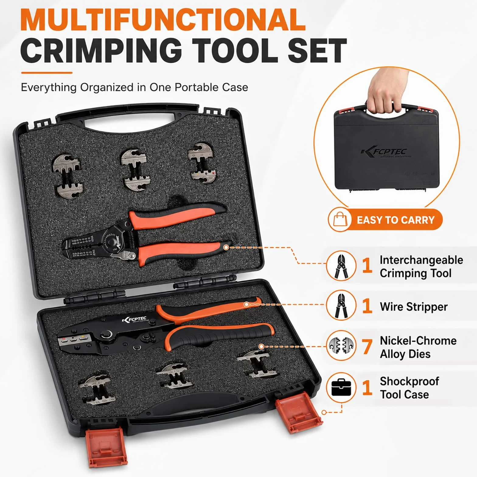 KF CPTEC Juego de 9 Piezas Crimpadora -Alicates con mordazas cambiables para engarzar para Cables Eléctricos,termorretráctiles,no aislados,de nylon,conector solares,terminales Férula,dupont