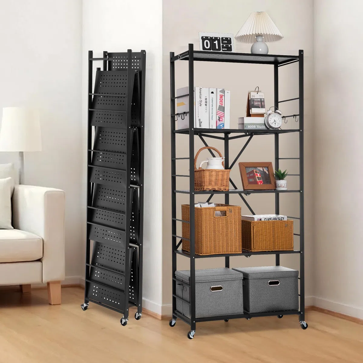 VEVOR Estante de Almacenamiento Plegable de 5 Niveles con Ruedas 81 x 36 x 183 cm Estantería Metálica Móvil Resistente, sin Necesidad de Ensamblaje, Organizador para Garaje, Cocina, Sótano, Negro