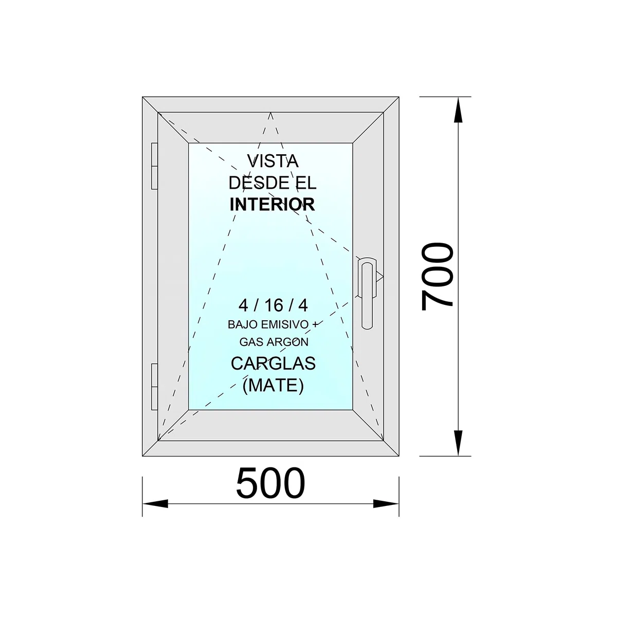 Ventanastock PVC 500x700 Practicable Oscilobatiente Izquierda 1 hoja con vidrio Carglass (Climalit Mate)