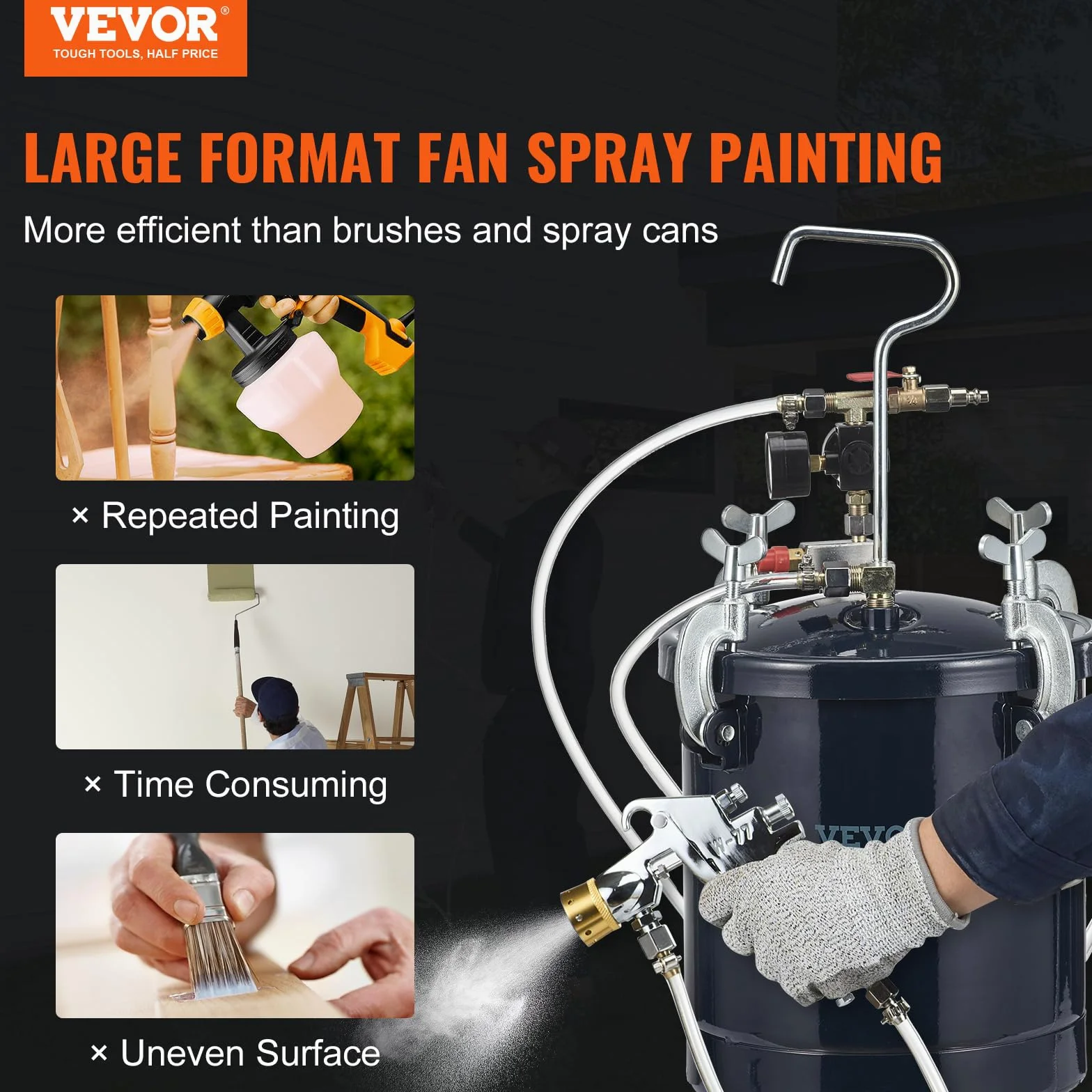 VEVOR Pistola de Pintura con Depósito de 10L Bote de Presión de Pintura Entrada de Aire 6,4 mm Salida 9,5 mm 2 Boquillas de Pintura 1,5 mm 4 mm Presión Máxima 60 PSI para Decoración de Interiores