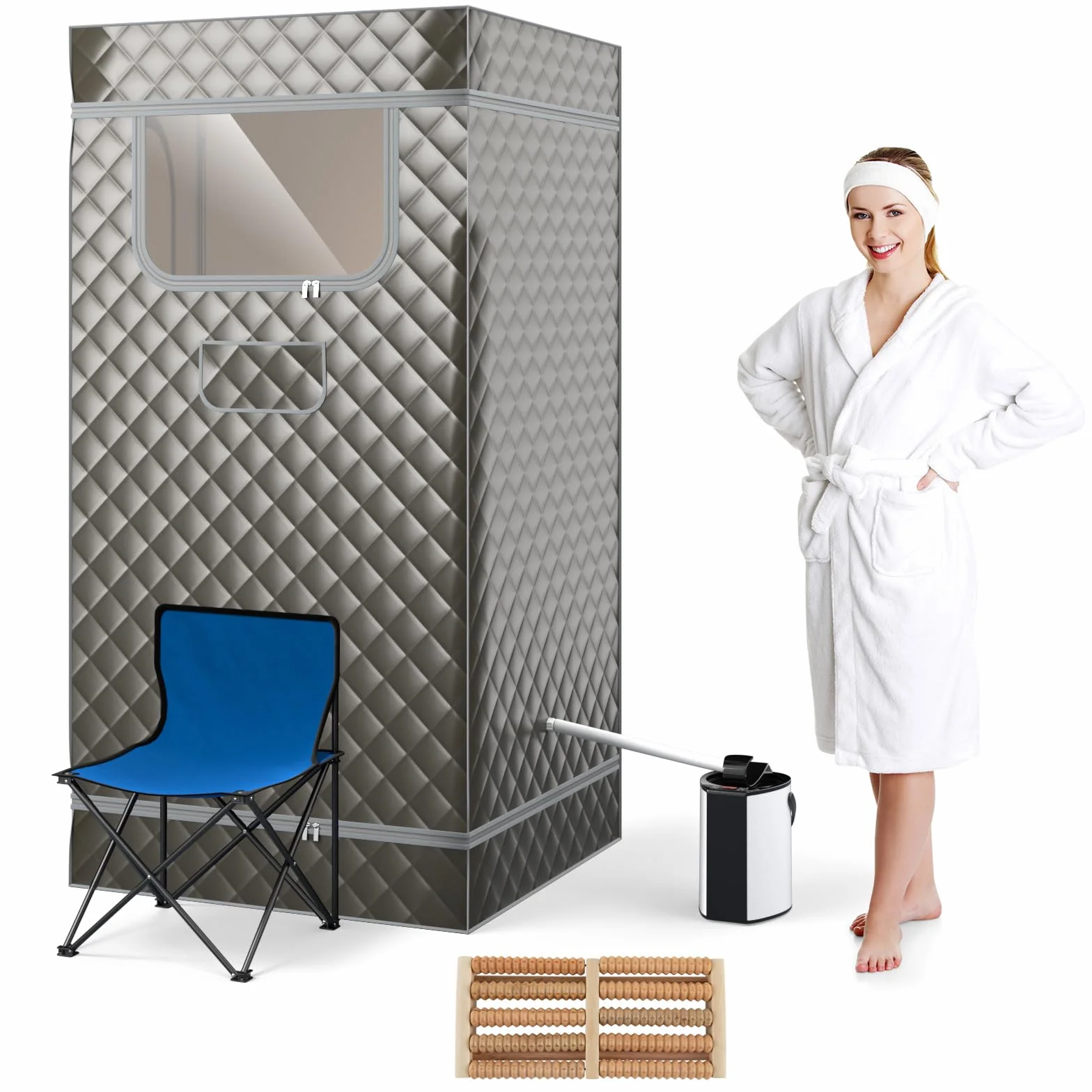 RELAX4LIFE Sauna Portátil 3L con Mando a Distancia y Silla Plegable, Sauna de Vapor con 9 Niveles de Temperatura, Temporizador 15-90 Min y Función de Nebulización, Mini Sauna 1000W (Gris)
