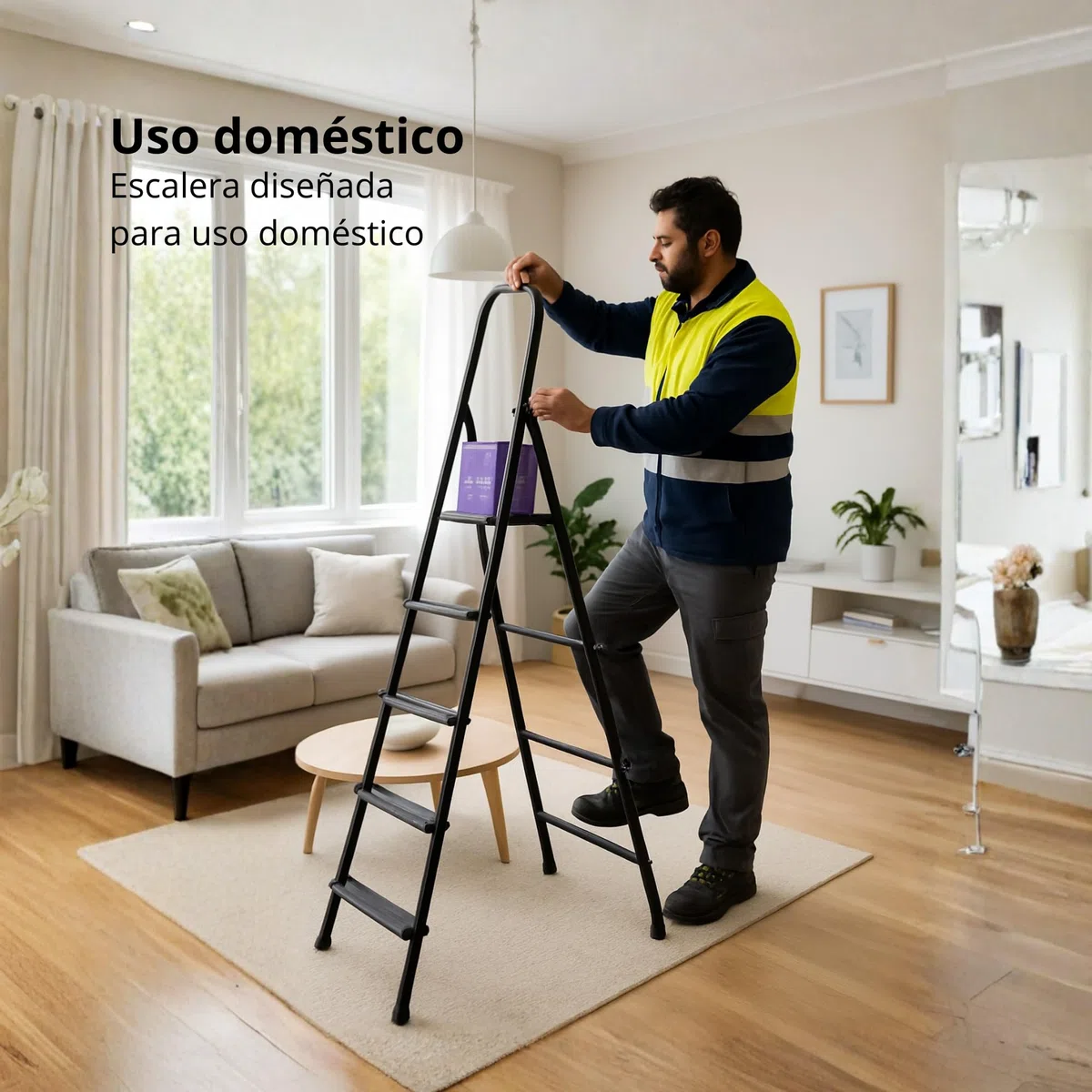Homelux P19263 Escalera Plegable 4 Peldaños Anchos con Pasamanos – Peldaños de Polipropileno Antideslizantes con Estructura de Abeja – Escalera Hogar Segura y Compacta