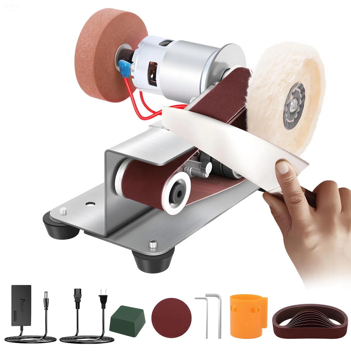 Yofuly Lijadora de Banda Kit, Esmeriladora de Banda con 10pcs Cinta de Lija, Mini Lijadora Electrica de 7 Velocidad Ajustable, Mini Esmeriladora de Banco para Afilar Cuchillos madera