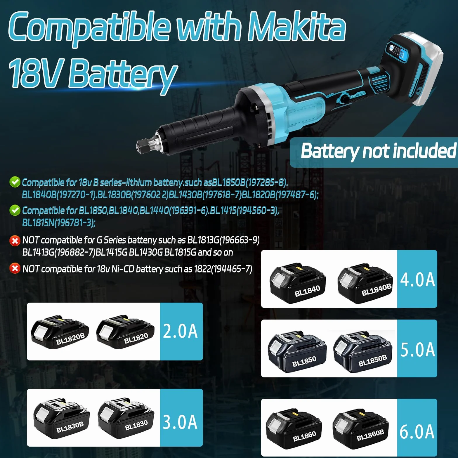 Molinillo inalámbrico compatible con Makita 18V batería, amoladora recta eléctrica sin escobillas con portabrocas de 6 mm y 4 velocidades ajustables (sin batería) (Sin accesorios)