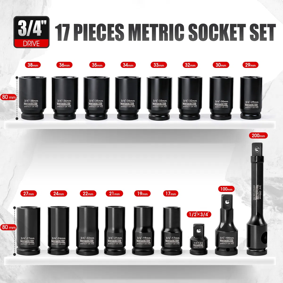 3/4" Juego de Llaves de Impacto | 17 - Piezas Jumbo Surtido de Llaves de Impacto Profundo Tamaños Métricos 17-38MM | Barra de extensión | 6 Puntos Torque | Acero Cr-Mo.