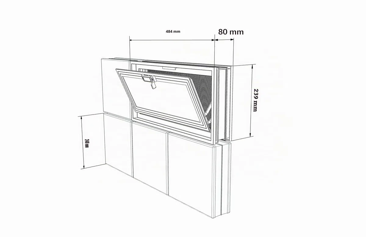 Ventana de ventilación para insertar en una pared de bloques de vidrio o mampostería | Dimensiones 48,4X24X8 cm | Unidad de venta 1 ventana