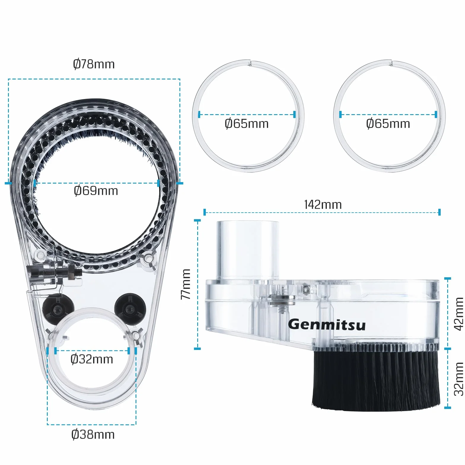 Genmitsu CNC Zapata para polvo para máquinas CNC Motor de husillo/enrutador compacto con un diámetro neto de 65 mm/69 mm, adaptador de manguera de diámetro exterior 38 mm, transparente