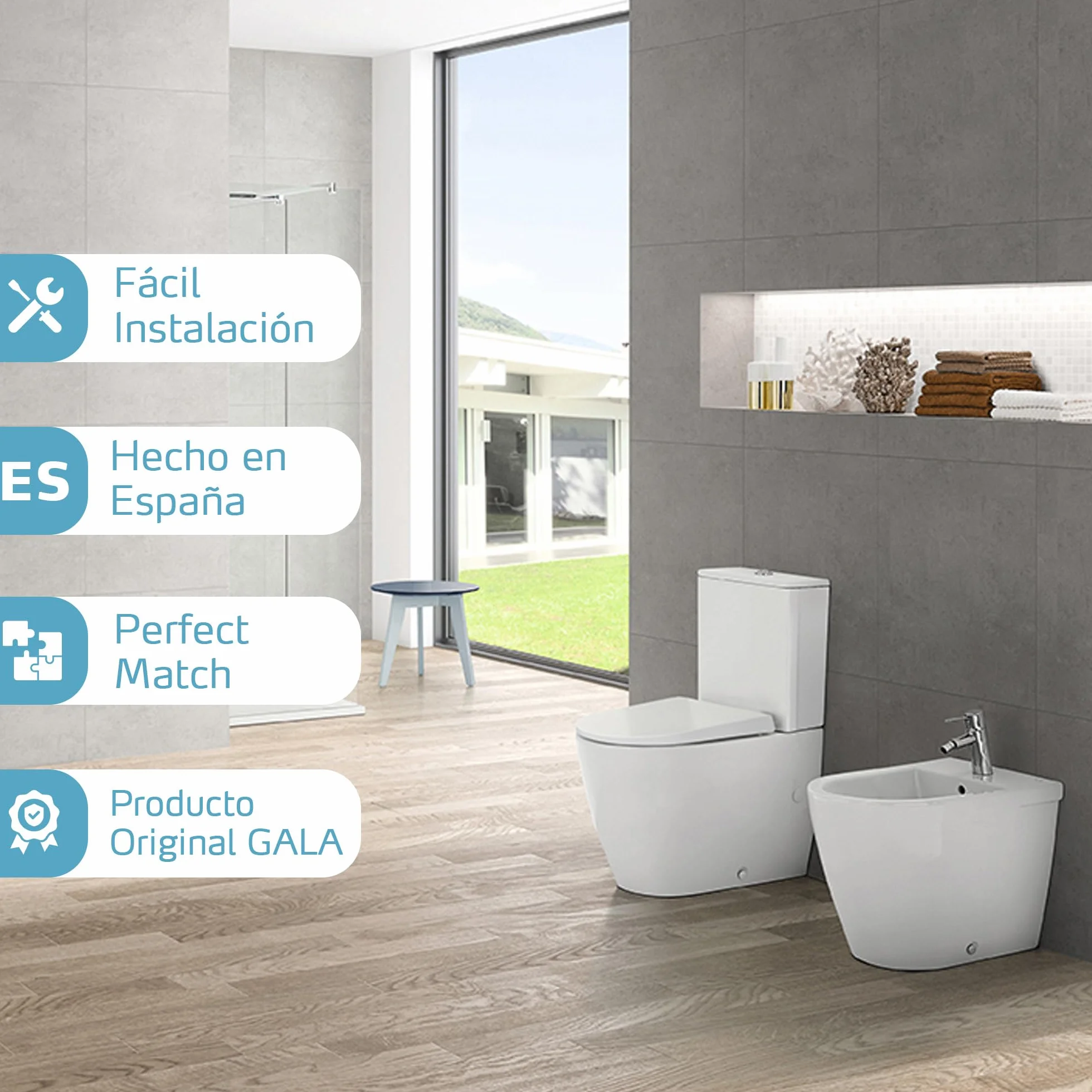 Gala Metropol Liso – Tapa y Asiento Amortiguado Inodoro - Forma D - Cierre Suave - Incluye Kit Fijación - Bisagras Acero Inoxidable - Fácil Limpieza - Color Blanco