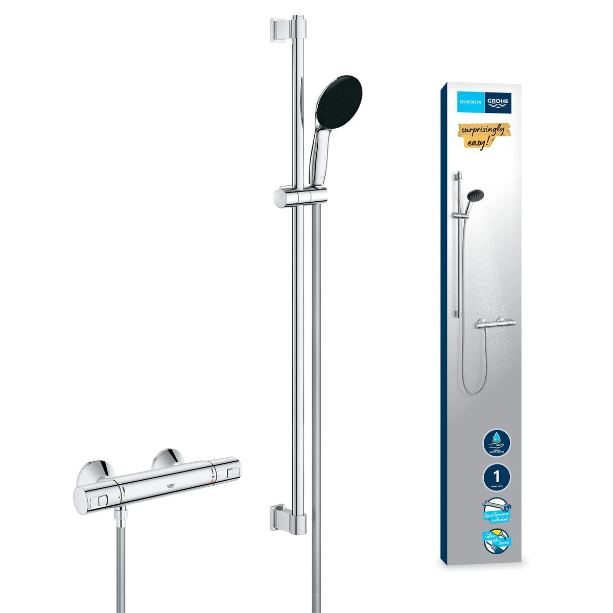 GROHE Precision Start Conjunto de barra de ducha con termostato, 3 tipos de chorro, barra de ducha de 900 mm, incluye herramientas de instalación, cromo 34854001
