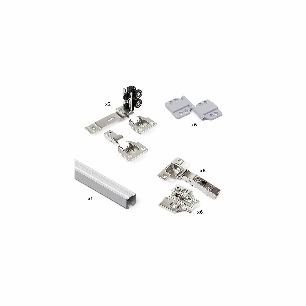 Emuca - Sistema para 2 puertas correderas de madera colgadas y plegables, sin guiador inferior, cierre suave, Aluminio anodizado