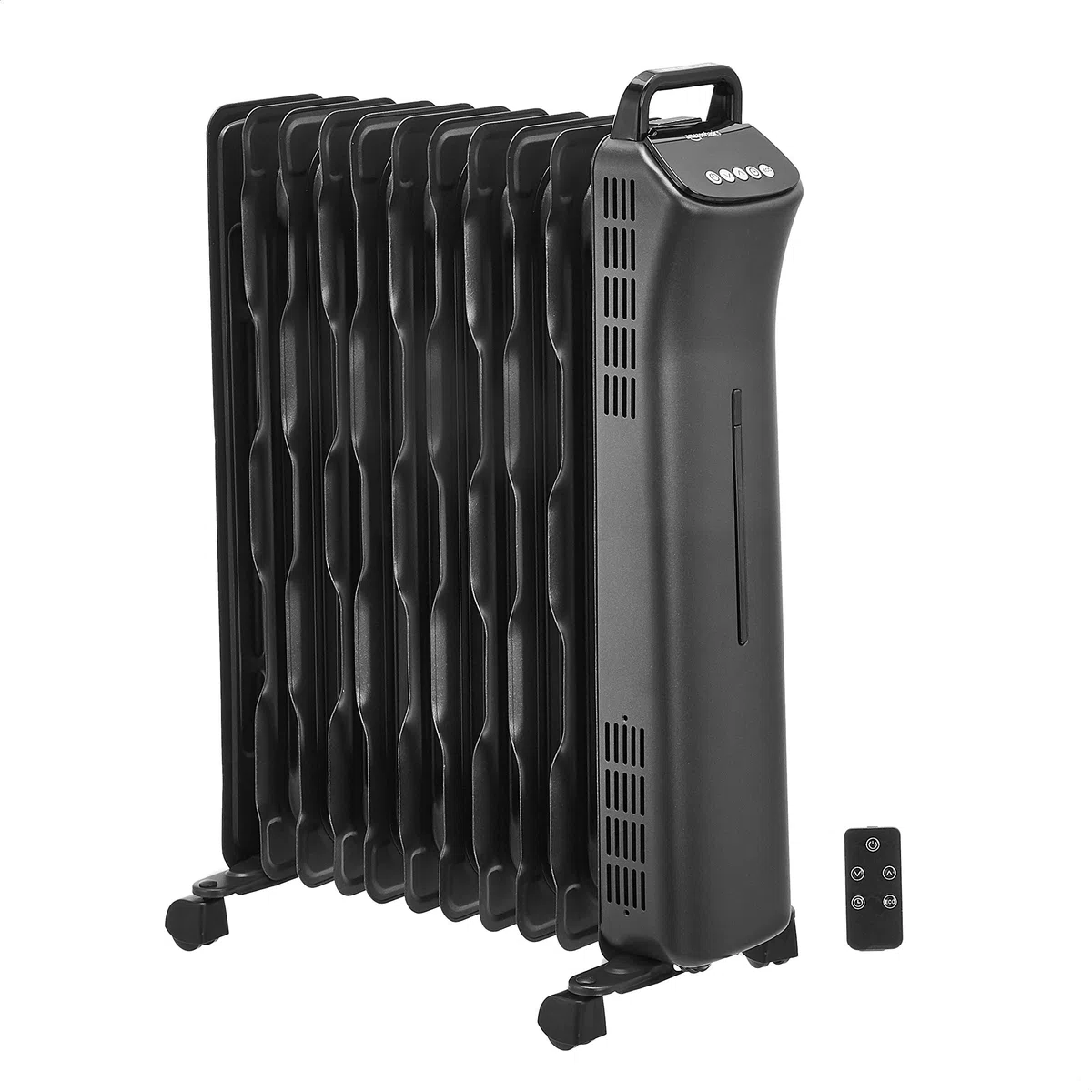 Amazon Basics - Radiador portátil de aceite, con control digital, 11 aletas ondulantes y control remoto, 2500 W, color negro