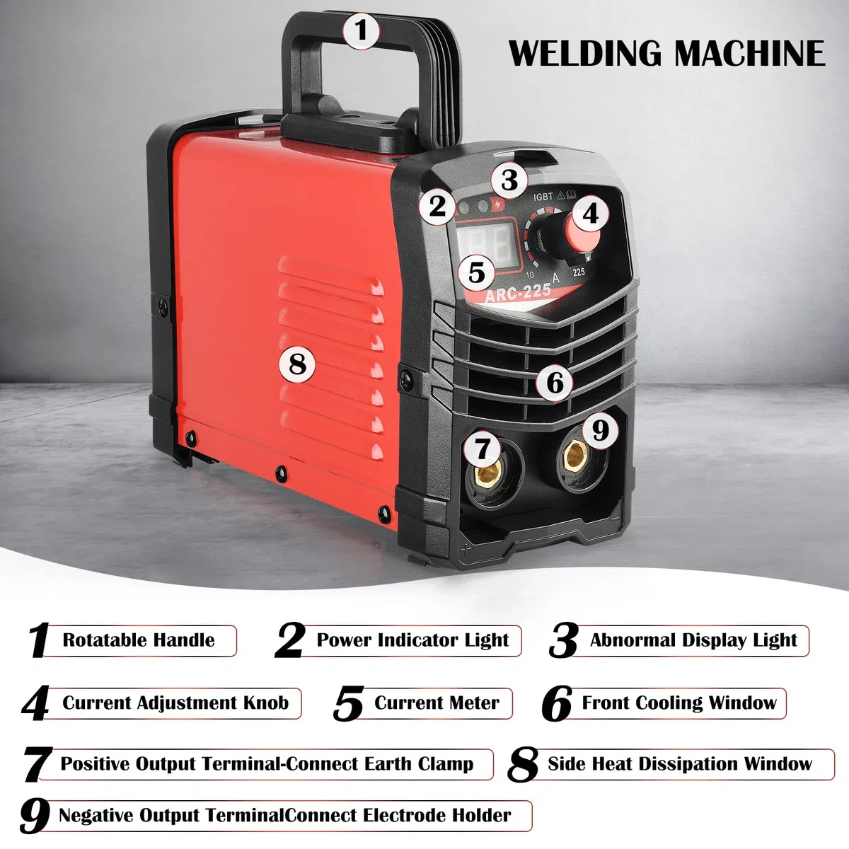 Soldador Inverter ARC 220V 225A, máquina de soldadura eléctrica portátil IGBT con pantalla digital LCD para soldadores y mantenimiento de diversos equipos (Rojo)