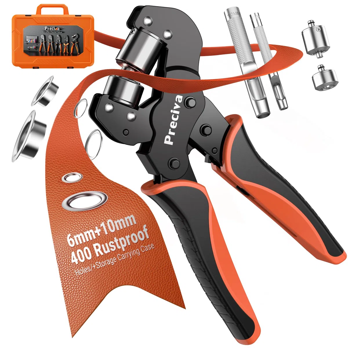 Preciva Remachadora Ojales de 10 mm y 6 mm, Kit de Ojales Metalicos da 400 Pezzi con Maletin, Kit Profesional de Herramienta Ojetes para Lonas Cortinas Tiendas Cuero y Textiles