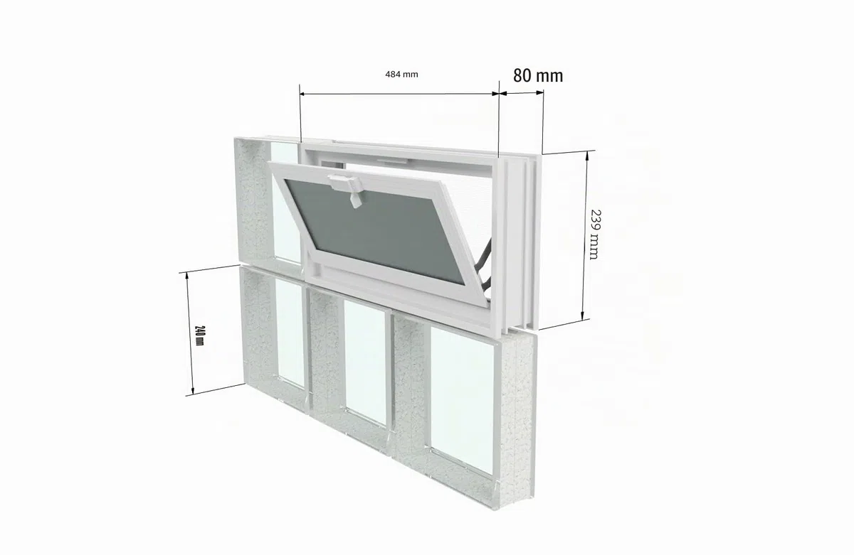 Ventana de ventilación para insertar en una pared de bloques de vidrio o mampostería | Dimensiones 48,4X24X8 cm | Unidad de venta 1 ventana