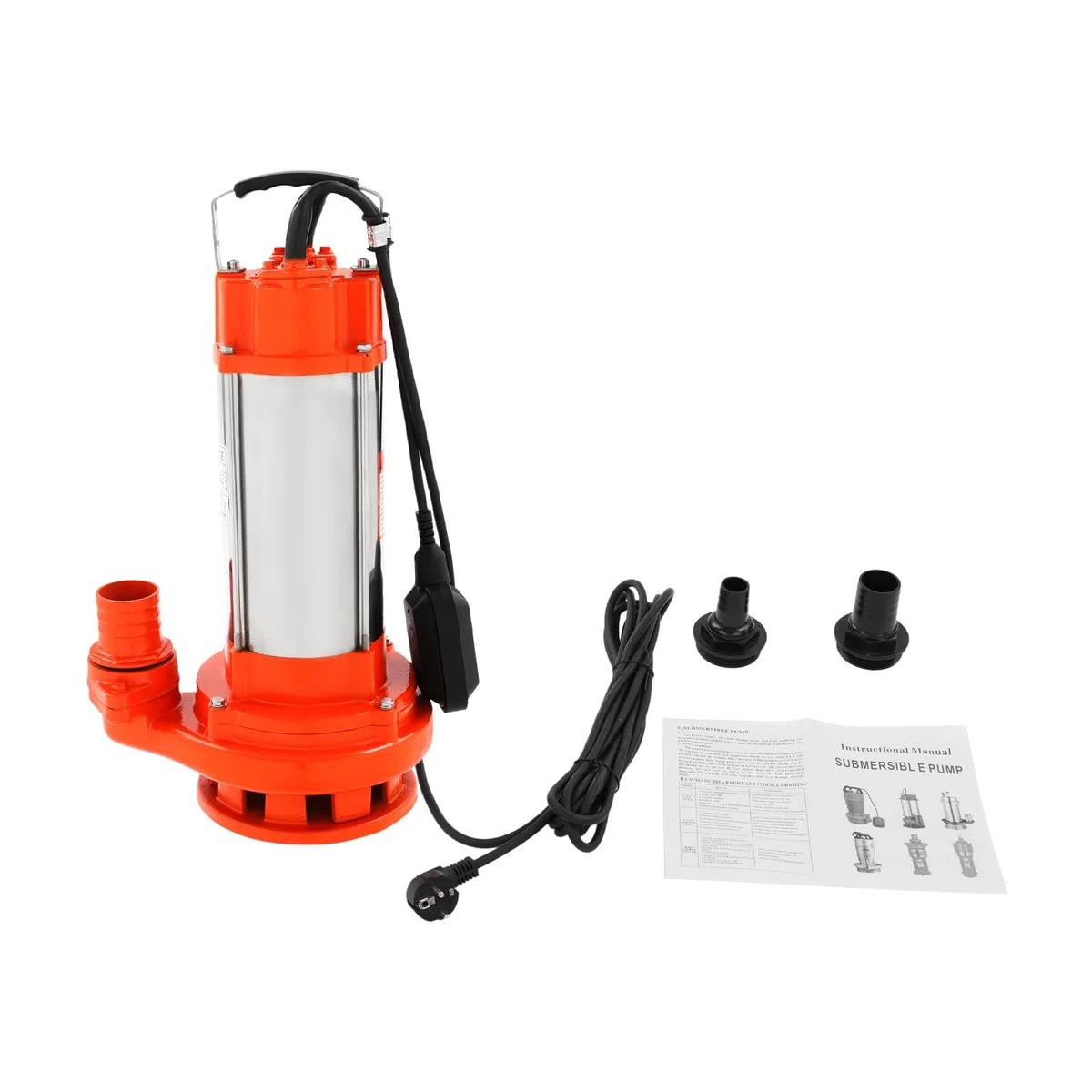 Bomba de agua sucia, 2200 W, 26000 l/h, bomba sumergible con interruptor de flotador, acero inoxidable, altura de impulsión 25 m, bomba fecal con asa, bomba con trituradora (naranja)