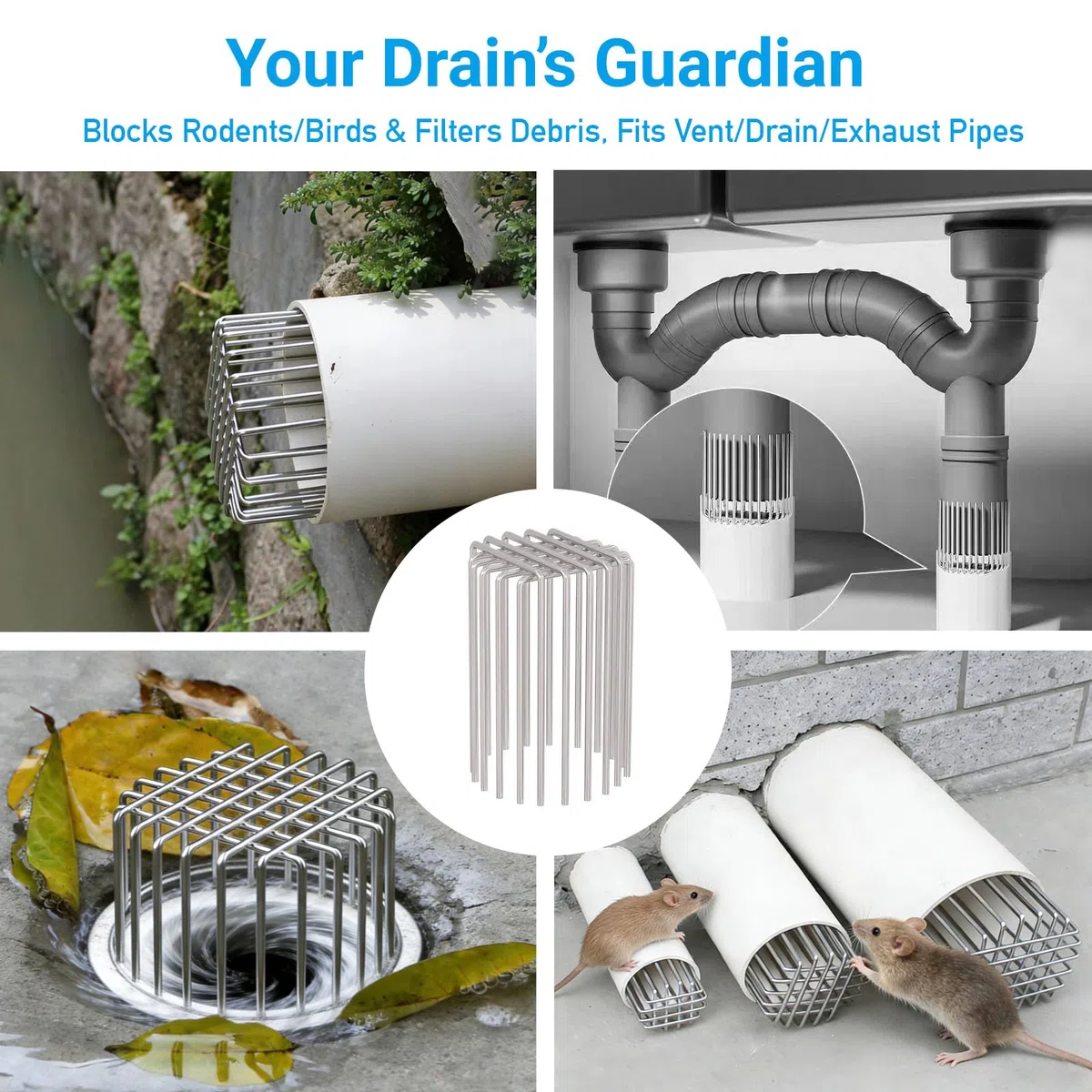 2 protectores de canalón de acero inoxidable (se adapta a tubos de 6 a 6.3 pulgadas), filtro de hojas expandible y cubierta de drenaje de techo, solución de pantalla de metal resistente para