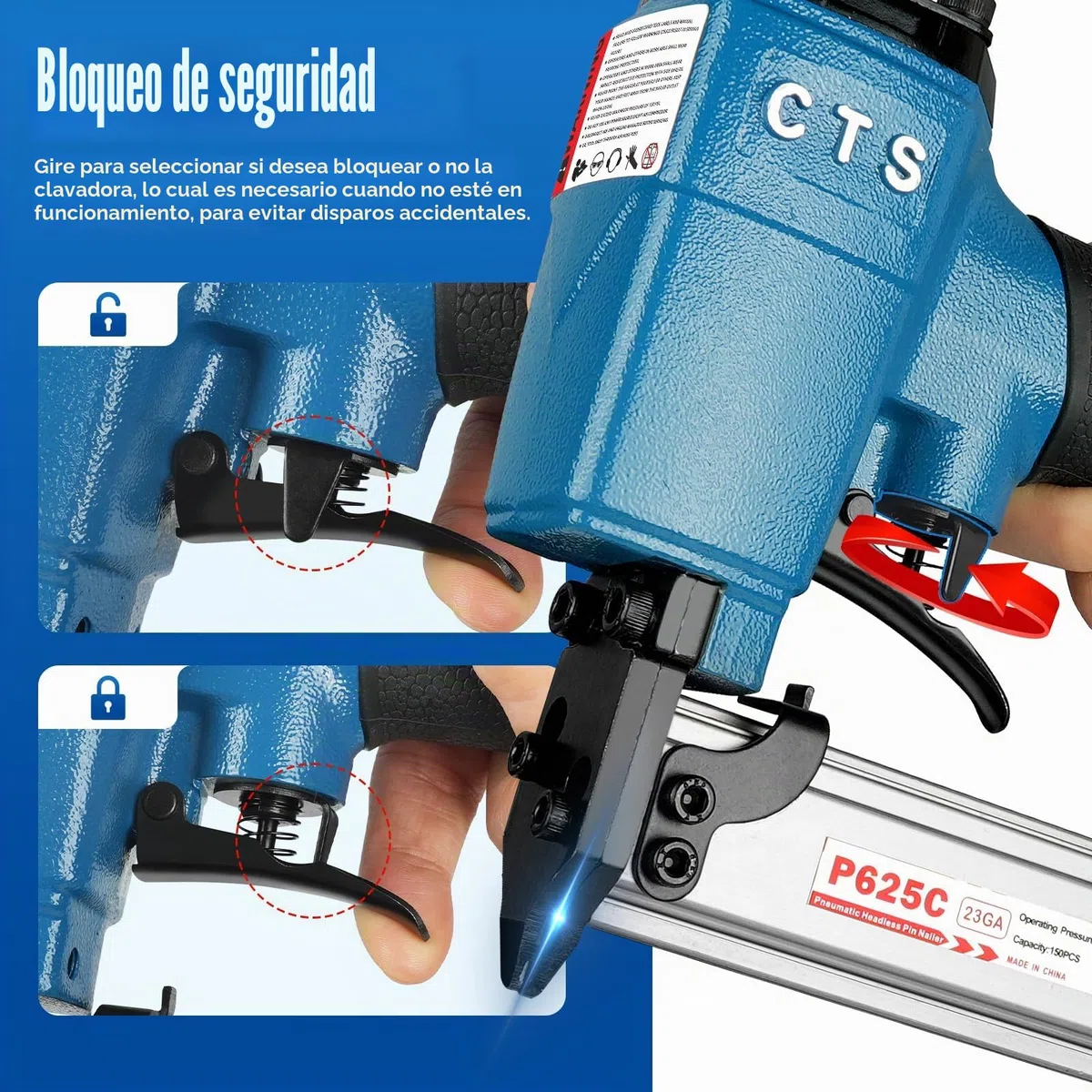 CTS P625C - Clavadora de pines de calibre 23 con 3000 piezas de clavos, pistola neumática de clavos sin cabeza con bloqueo de seguridad, se adapta a clavos de pines de 1/2'' a 1'' (12 a 25 mm