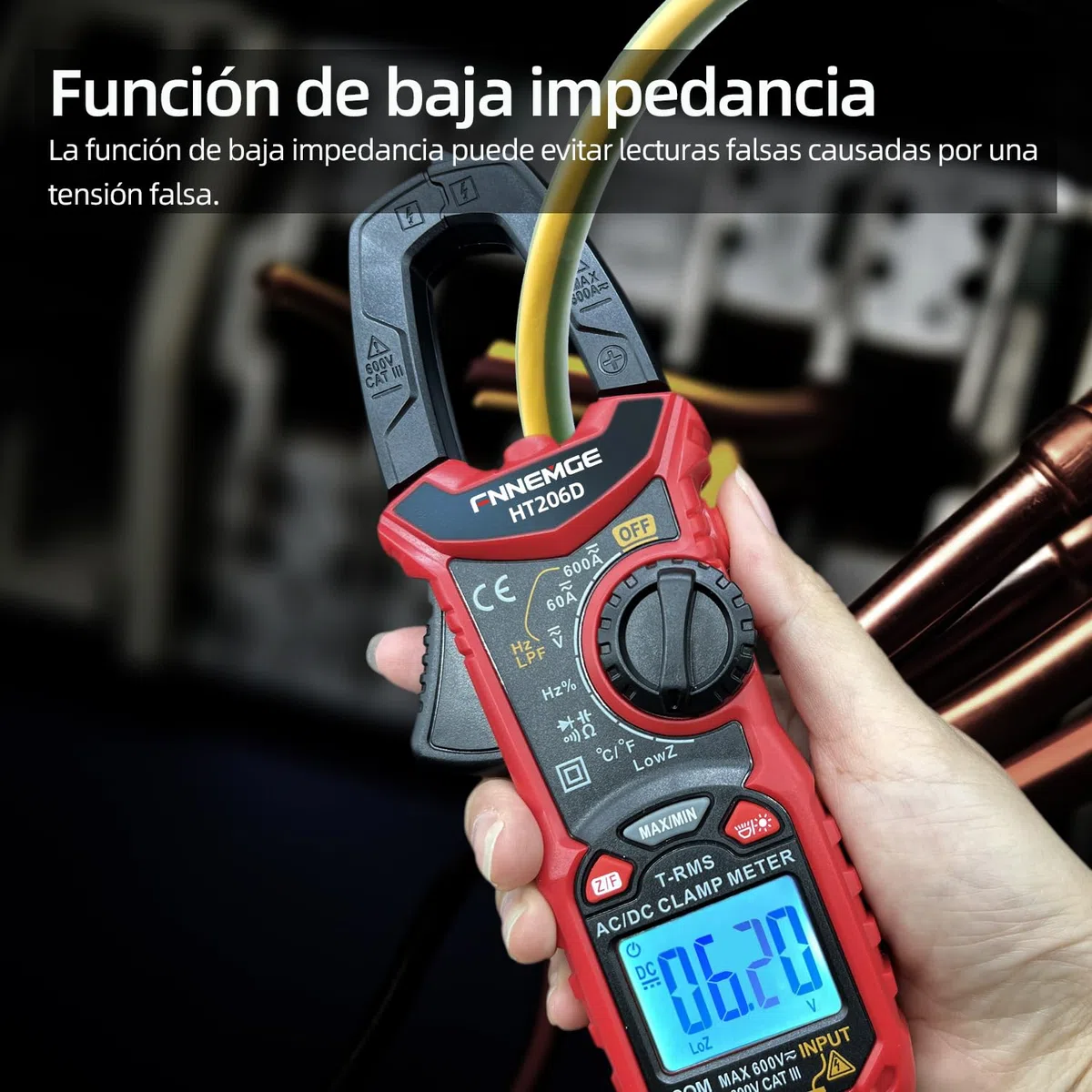 FNNEMGE Pinza Amperimétrica Digital, Medidor de corriente DC/AC de corriente: 0-600 A, Multímetro de Alicate True RMS 6000 Cuentas de Rango Automático, Mide La Capacidad de Voltaje de Continuidad.