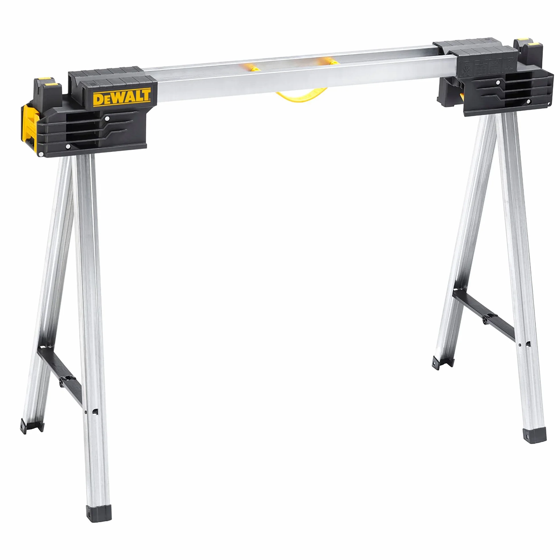 DEWALT DWST1-75676 - Par de Caballetes Metálicos Plegables, Capacidad 900 kg, Altura 1117 mm, Superficie de Goma, Ranura en Forma de V, Bisagras Laterales y Mangos Flexibles