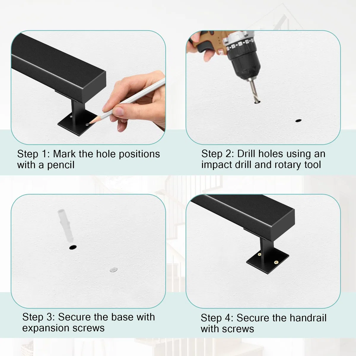 Pasamanos Escalera con Accesorios, 60-600CM, Pasamanos para Las Escaleras de Hierro Forjado, Negro, Barandilla Escalera para Interiores y Exteriores pared Loft Ancianos (150CM)