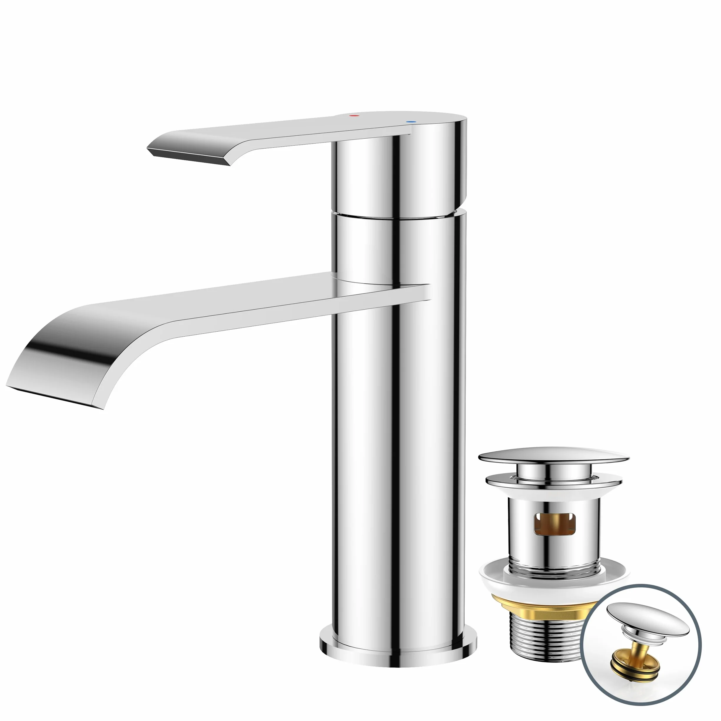 FORIOUS Grifo Lavabo Alto Con Desagüe, Grifo Baño Monomando De Acero Inoxidable para Lavabos de Baño,Diseño Cascada Con Altura De Caño 98MM，Cromo