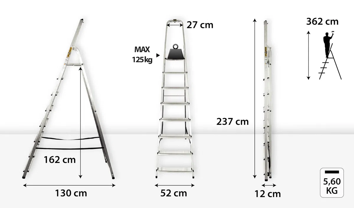 DRABEST Escalera de Tijera Plegable de 8 peldaños Escalera de Aluminio con Bandeja de Trabajo Escalera doméstica Capacidad de Carga hasta 125 kg Gancho Libre